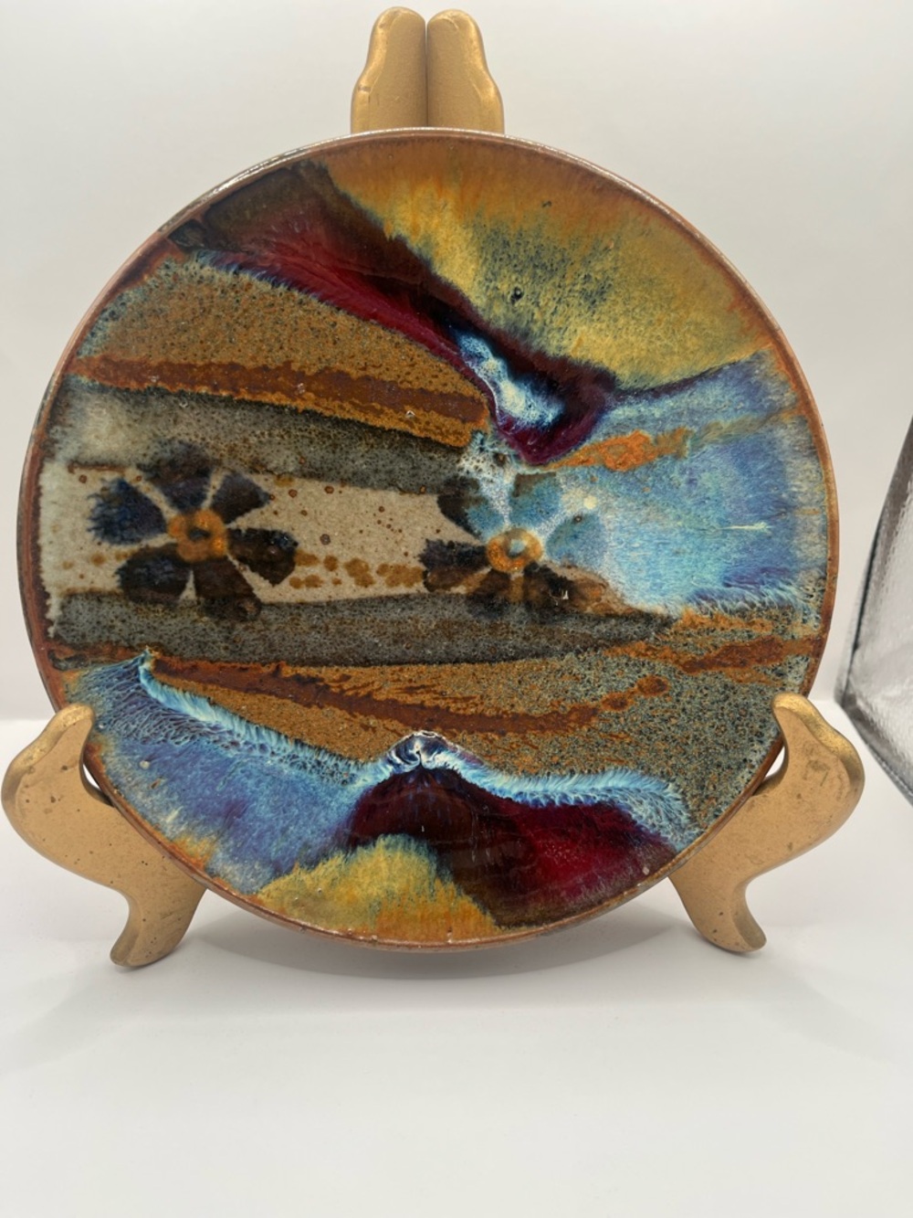 Clay POTTERY PLATE Decor w/ 2 Flowers Multicolor Glazed Palette (Signed) - RARE